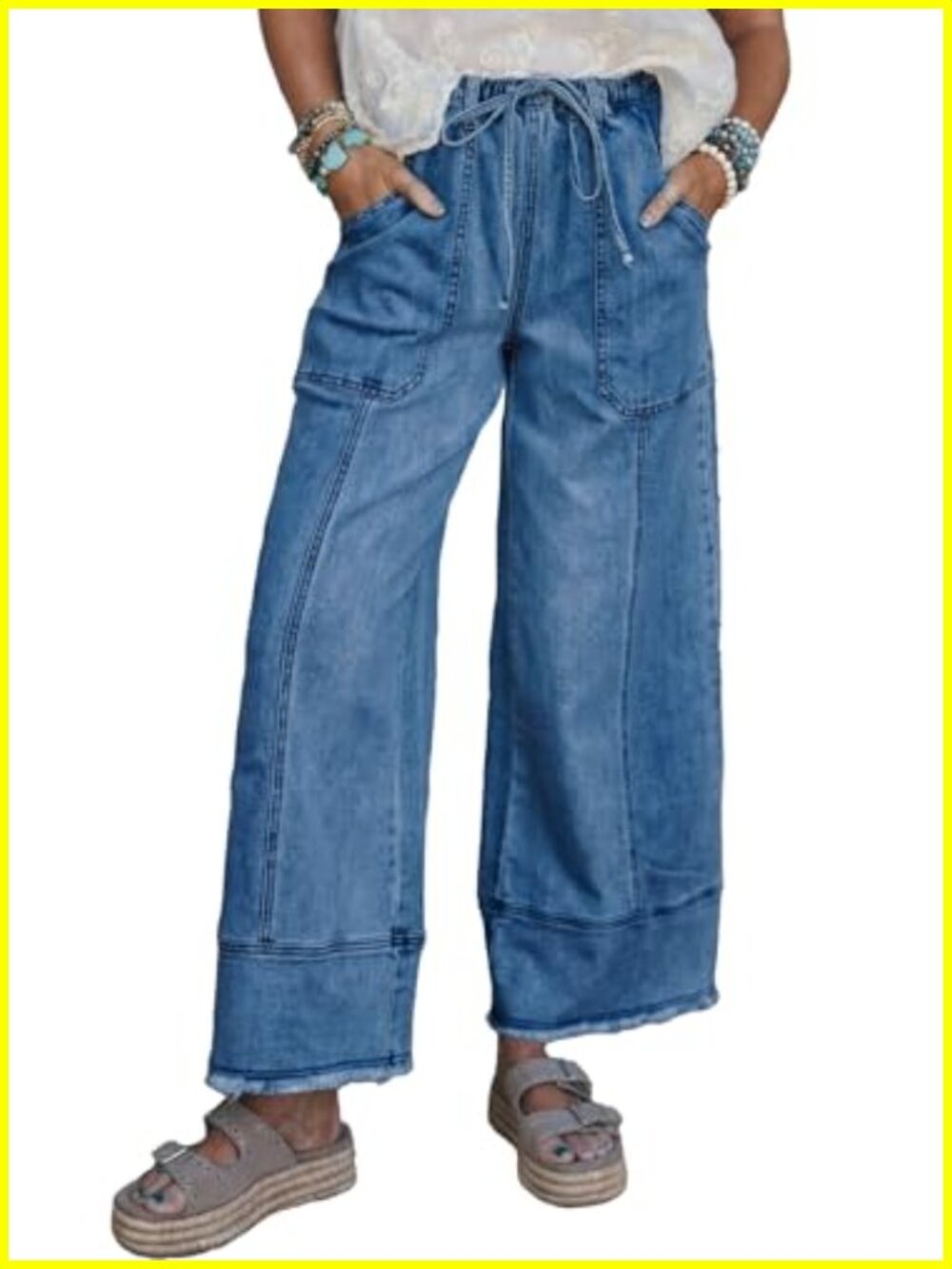 Wide Leg Jeans High Waisted Baggy Stretchy Drawstring Denim Pants